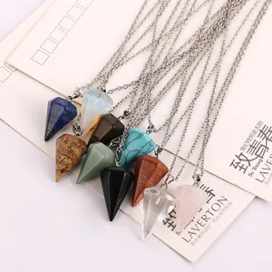 Natural crystal pendant hexagonal prism cone pendulum faceted gemstone necklace jewelry.