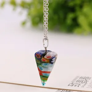 Colorful glass cone pendant necklace with silver chain dowsing pendulum fashion jewelry