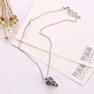 Conical stone pendulum pendant necklace with delicate metal chain, elegant crystal jewelry accessory.