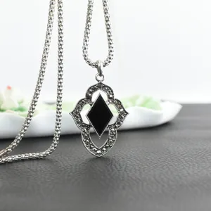 Retro Ethnic Style Thai Silver Alloy Necklace Women Long Sweater Chain With Rhinestone Pendant Fashion Jewelry Gift