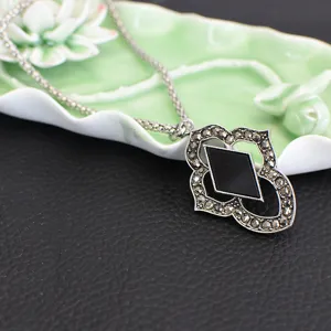 Vintage Thai silver necklace with black stone pendant elegant ethnic style jewelry gift