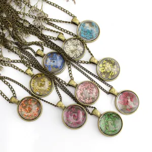 Bronze alloy glass dome dried flower pendant necklace, vintage multi-color floral jewelry.