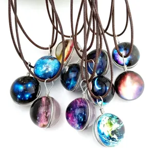Galaxy glass ball pendant necklace set, universe starry sky design with brown cord, fashion jewelry.