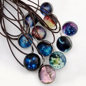 Galaxy Glass Ball Pendant Necklace Universe Nebula Glowing Chandelier Retro Jewelry