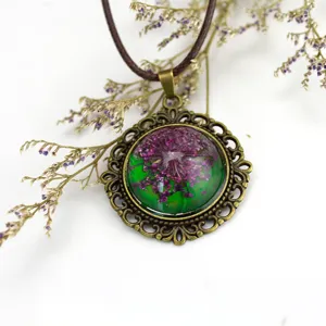 Collana con ciondolo di fiori secchi gemma del tempo in vetro bronzo vintage con cordino
