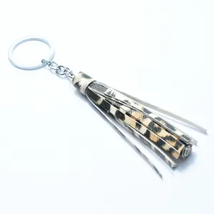 Closeup of a stylish leopard print leather tassel keychain with durable metal hardware.