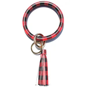Rood zwart geruit lederen armband sleutelhanger met kwastje hanger voor dames