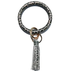 PU lederen ronde sleutelhanger armband met kwastje mode luipaard print polsband cadeau