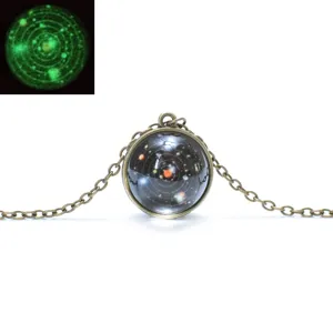 Solar system luminous glass ball necklace with bronze chain, glowing starry universe design pendant.