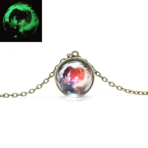 Glow in the dark galaxy glass ball necklace, bronze chain solar system universe jewelry.