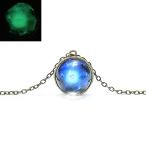 Luminous galaxy glass ball pendant necklace, vintage bronze chain solar system universe jewelry.