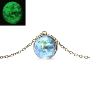 Glow in the Dark Universe Planet Glass Ball Pendant Necklace Vintage Bronze Sweater Chain