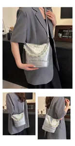 Women silver bucket bag stylish beaded handle crossbody shoulder handbag chic purse