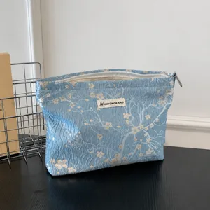 Blaues Blumen Jacquard Kosmetiktasche Reissverschluss Clutch Tasche elegante Damen Aufbewahrung