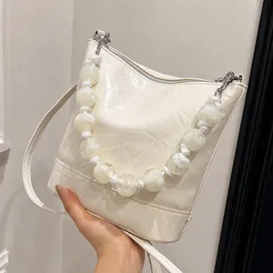 Women's Fashion Handmade Beaded Bucket Bag PU Leather Casual Crossbody Shoulder Bag Trendy Handbag Purse Daily