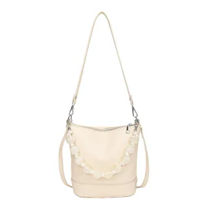 Stylish Women's Beaded Bucket Bag Chic Niche Design Crossbody Shoulder Handbag Off-White