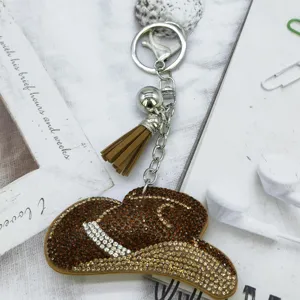 Llavero de sombrero de vaquero con diamantes de imitación brillantes y borla para bolso coche