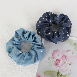 Denim hair scrunchies with gold star print, retro French style hair ties for women and girls.