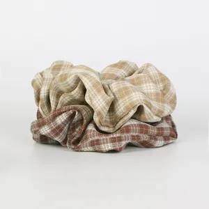 Brown beige plaid fabric hair scrunchie, soft elastic hair tie for autumn and winter daily styling.