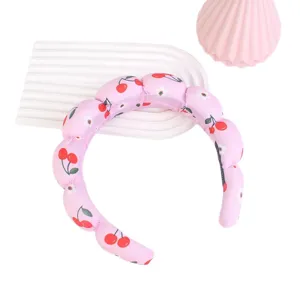Pink puffy cloud headband with cute cherry print, sweet hair hoop for daily wash and makeup styling.