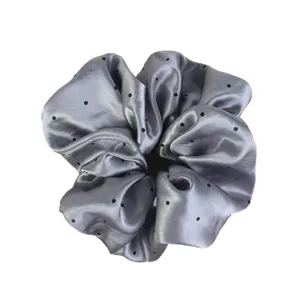 Korean style grey satin scrunchie with cute black polka dots, elegant hair tie for women ponytails.