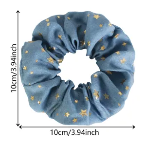 Blue star print fabric hair scrunchie, elegant vintage hair tie for women and girls daily wear.