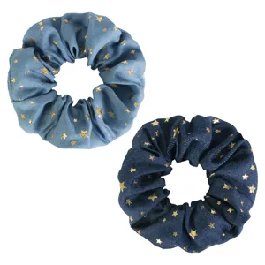 Denim style fabric hair scrunchies with gold star print, perfect for daily cute hair styling.