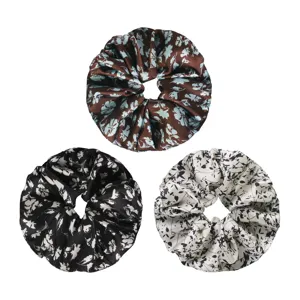 Satin floral hair scrunchies set, elegant ponytail holders, smooth fabric for daily hairstyles.