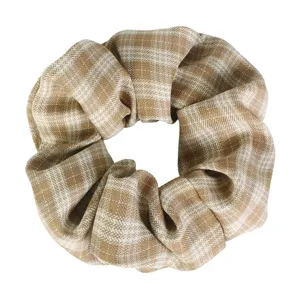 Cozy brown plaid fabric hair scrunchie for women, elastic hair tie for casual daily styling.
