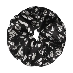 Black and white floral hair scrunchie, elegant satin ponytail holder for daily wear.