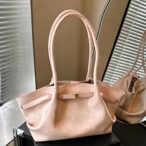 Casual pink tote bag with chic pleated design, large capacity shoulder bag for daily wear.