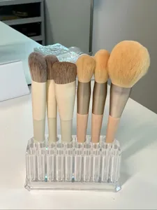Close-up detail of the clear acrylic makeup brush holder displaying assorted brushes on a desk.