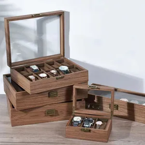 Wooden watch box organizer with glass top, vintage watch display case and jewelry storage.
