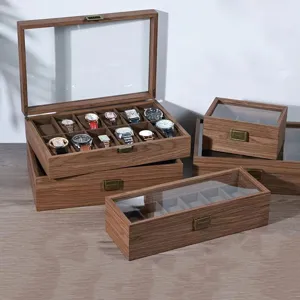 Walnut wood grain watch storage box vintage jewelry display box with clear glass lid