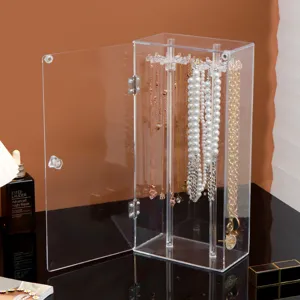 Transparente Acryl Halsketten Display Box mit staubdichter Tür und Haken für Schmuck Detail.