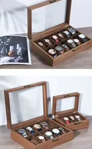 Walnut wood watch box jewelry storage display case with glass top and soft pillows.
