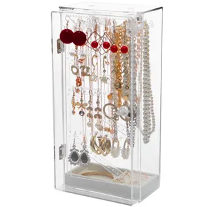 Klarsicht Acryl Schmuckorganizer Schatulle mit Tuer und Haken fuer Ketten und Ohrringe.