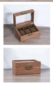 Vintage wooden watch box with 3 slots, clear glass lid and brown velvet pillow for storage.