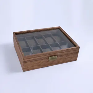 Walnut wood grain 10-slot watch storage box with clear glass lid and vintage metal lock.