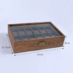 Walnut wood 12-slot watch storage box with clear glass lid for elegant jewelry display