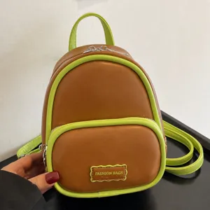 Trendy contrast color mini backpack for women, stylish small leather daypack main view details.