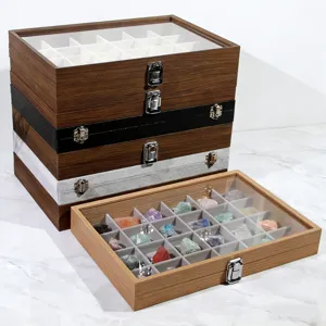 Scatola Portaoggetti per Campioni Minerali in Legno Con Coperchio Trasparente 24 Griglie Organizer per Cristalli