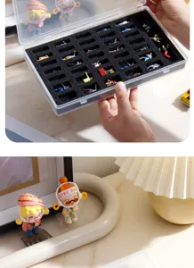 Transparente Kunststoff-Aufbewahrungsbox mit Schaumstoffeinlage für 1:64 Miniaturfiguren.