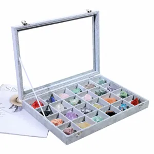 Scatola di immagazzinaggio per campioni minerali in velluto a 24 griglie con coperchio.