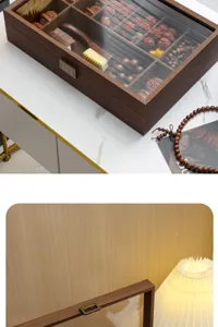Boîte de rangement en bois avec couvercle en verre, organisateur élégant pour bijoux et perles.