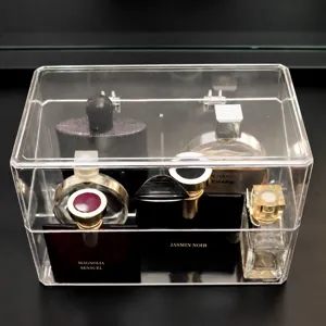 Klare Acryl Parfum Aufbewahrungsbox, transparenter Kosmetik Organizer mit doppelten Lagen.