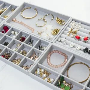 Vassoio per Gioielli in Velluto Grigio Anello Orecchino Collana Organizer Custodia Espositore Scatola Portaoggetti Multifunzionale