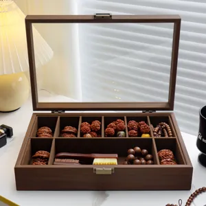 Boite de rangement en bois avec couvercle en verre pour noix perles organisateur