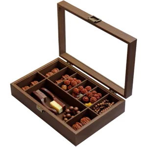 Boîte de rangement en bois avec couvercle en verre pour perles de prière et noix.