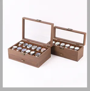 Wooden watch box with clear glass lid, 12 slot display storage organizer case with drawer.